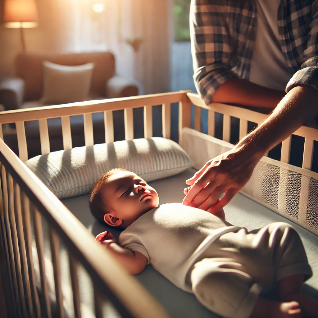 Caption: "Ferber Method: Gradually teaching babies to sleep on their own."

Description: "A baby lying in a crib with a parent gently checking on them as part of the Ferber Method for baby sleep training. The scene shows a nurturing environment with soft lighting and a comfortable nursery setting. This method involves checking on the baby at intervals to help them gradually learn to fall asleep independently."