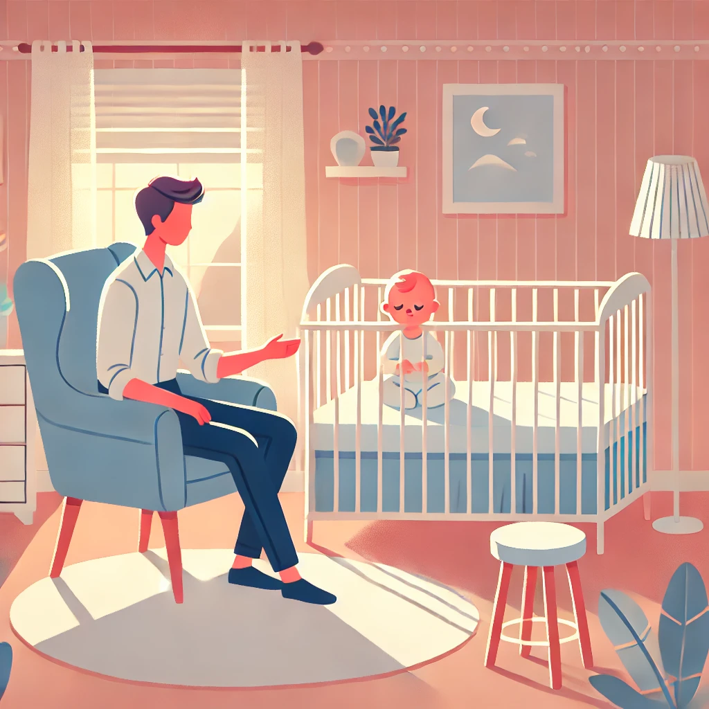 Caption: "Chair Method: Providing a reassuring presence while baby learns to sleep."

Description: "A parent sitting in a chair next to a baby's crib as part of the Chair Method for gentle baby sleep training. The peaceful nursery features soft lighting, a comfortable crib, and a parent offering a reassuring presence. This method gradually helps babies feel secure while learning to sleep on their own."