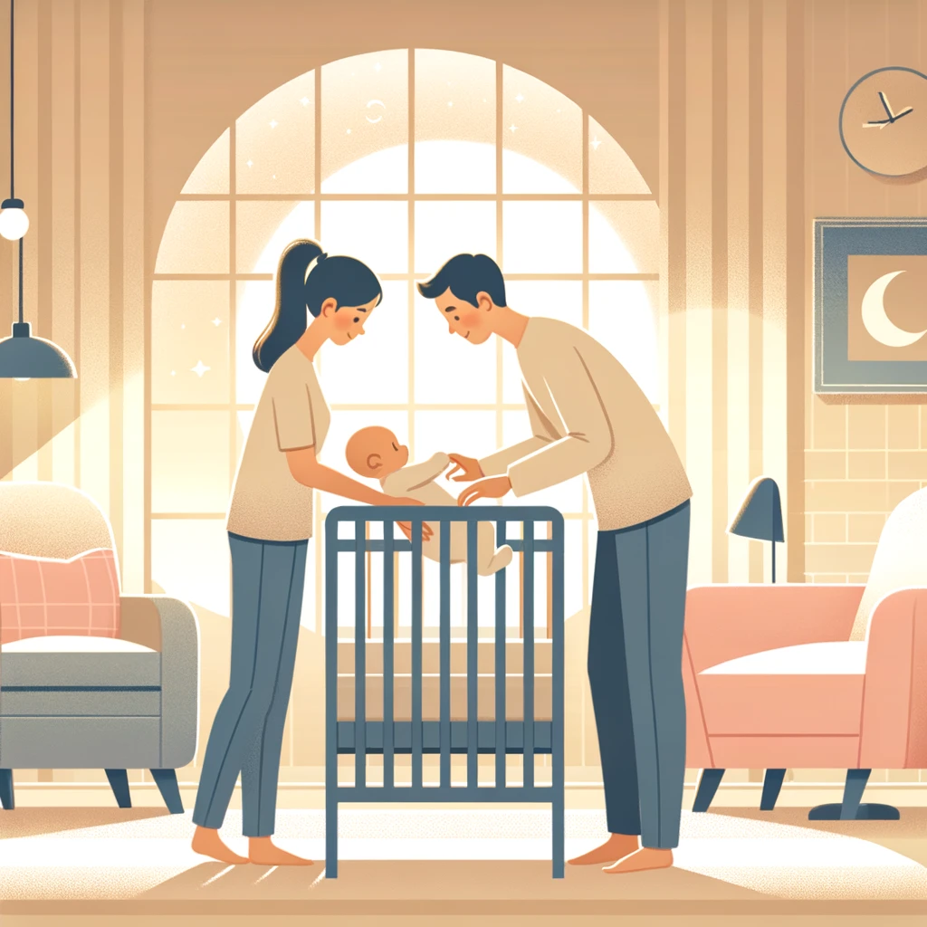 Caption: "Pick Up, Put Down Method: Comforting your baby while teaching them to sleep."

Description: "A parent gently picking up a baby from a crib and then putting them back down as part of the Pick Up, Put Down Method for baby sleep training. The scene depicts a calm nursery with soft lighting, a comfortable crib, and a nurturing atmosphere. This method helps babies learn to sleep independently while providing comfort when needed."